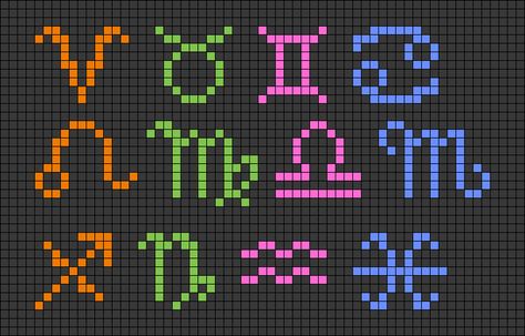 Gemini Pixel Art, Pixel Art Zodiac Signs, Zodiac Pixel Art, Libra Star Constellation, Cross Stitch Skull, Zodiac Pattern, Pisces And Taurus, Zodiac Aries, Loom Bracelet