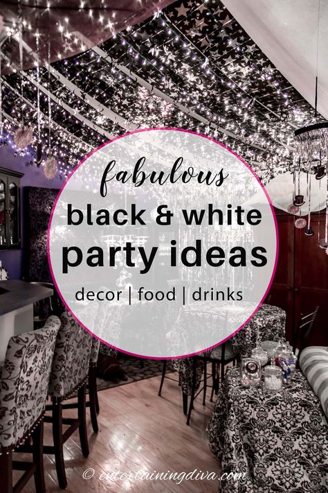 Throw a chic and stylish black and white themed party with these black and white party decor decorations, food, and drink ideas. Black And White Christmas Party Theme, Black And White Party Ideas Birthdays, Black White Themed Party, Black And White Cocktail Party Decor, Black And White New Years Eve Party, Black And White 40th Birthday Party, Dress Decoration Ideas, Black And White Birthday Party Ideas, Black And White Birthday Theme