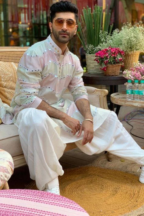 Multicolored kurta with dhoti pant and sequin stole Mirror Work Kurta For Men Wedding, Colorful Kurta For Men, Men Sangeet Outfits, Pastel Kurta Men, Mirror Kurta Men, Sangeet Dress For Men, Sequin Kurta Men, Mirror Work Kurta For Men, Sangeet Outfit For Men