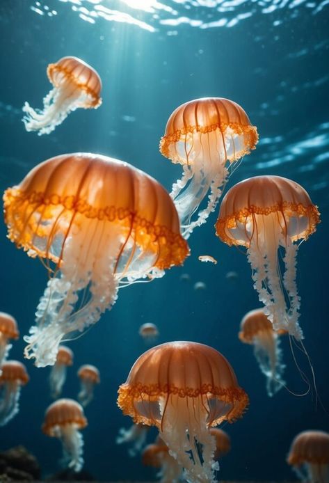 Orange jellyfish swimming in blue ocean water Jelly Fish Pictures, Jellyfish Photography Underwater, Sea Life Pictures, Sea Life Photography, Jelly Fishes, Orange Jellyfish, Marine Life Photography, Jellyfish Species, Ocean Life Photography