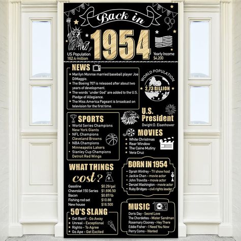 PRICES MAY VARY. [You Will Get] - Happy 70th birthday door banner decorations. 72.83x35.43inch. A great choice for your 70th birthday party decorations. It will enjoyed by all who attended. [Unique Design] - This “Back in 1954” door cover features with a classic vintage black gold design. 1954 historical events, large number "1954" can be seen and read by everyone, impressing you and your guests. [Applicable Scenes] - Great for your 70th birthday themed party decorations. It can be hung indoors 70 Birthday Party Themes For Men, Black And White 70th Birthday Party, 70th Birthday Themes For Mom, 70th Birthday Party Ideas For Dad, 73 Birthday, 70th Birthday Party Ideas, 70th Birthday Banner, 70th Birthday Parties Decorations, Happy 70th Birthday