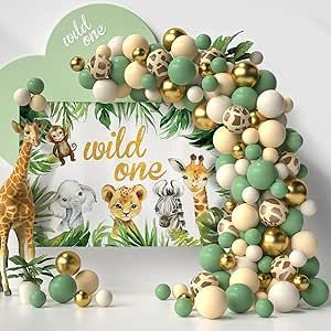 Sage Green Balloon Garland with Backdrop 59*40 Inch, 5 in 1 Color Safari Jungle Theme Balloons Arch - Giraffe Grain Apricot Gold White Sand Balloons Set for Baby Shower 1st Boys Birthday Party Decor Balloon Arch Kit, Jungle Birthday Party, Balloon Chain, Party Wall, Jungle Birthday, Party Photography, Jungle Animal, Arch Kit, Wall Background