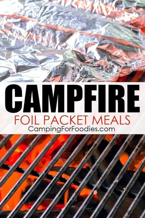 These campfire foil recipes are easy, delicious and practically clean up themselves! Try hobo stew in foil, campfire s'mores dip, foil packet fish recipes and more! Foil Meals For Camping, Foil Packet Fish, Grill Fish In Foil, Foil Packet Desserts, Campfire Meals Foil, Hobo Stew, Fish In Foil Packets, Hobo Dinner Recipes, Campfire Cooking Equipment