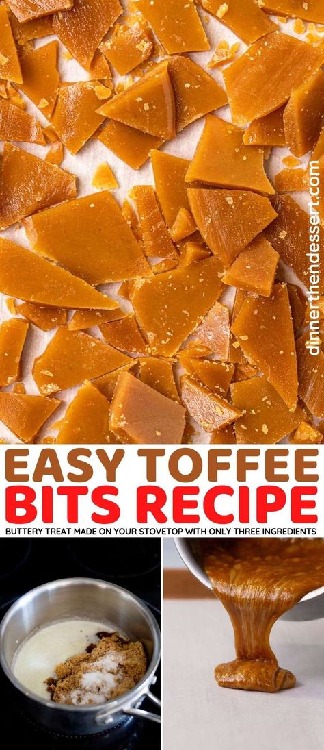 Easy Toffee Bits are made on the stovetop with just 3 simple ingredients. The sweet, buttery treats are great dessert mix-ins or toppings. Toffee Bits Recipe, Butter Toffee Recipe, Homemade Toffee Recipe, Toffee Bites, English Toffee Recipe, How To Make Toffee, Dessert Mix, Easy Toffee, Salted Toffee