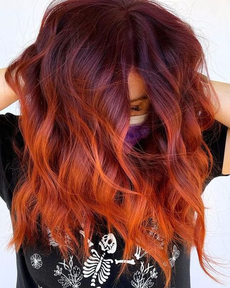 Red And Orange Shag Hair, Trendy Red Hair Color, Dark Red To Light Red Ombre, Red Melt Hair Color, Red Into Orange Hair, Burnt Orange Ombre Hair, Red Ombre Hair With Bangs, Dark And Orange Hair, Fall Hair Colors Ombre