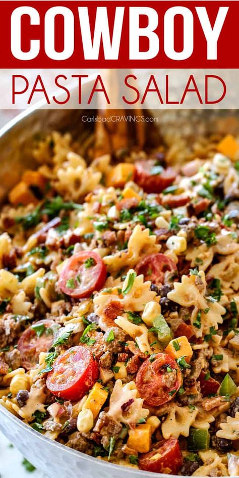 Cowboy Pasta Salad with the BEST Dressing! - Carlsbad Cravings Cowboy Pasta Salad, Cowboy Dinner, Cowboy Pasta, Cowboy Salad, Family Pasta, Resep Pasta, Carlsbad Cravings, Resep Salad, Best Pasta Salad