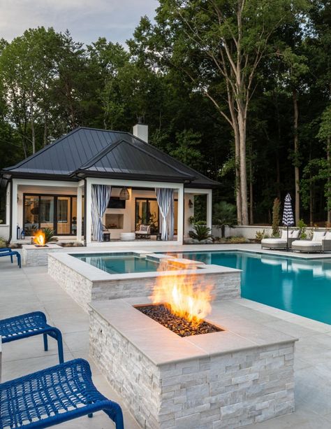 White Pool House Exterior, Pool House With Workout Room, Modern Farmhouse Backyard With Pool, New Build Pool Ideas, Guest House Exterior Ideas, Big Backyard Patio Designs With Pool, Detached Entertaining Area, Large Pool House Ideas, Pool And Guest House Ideas