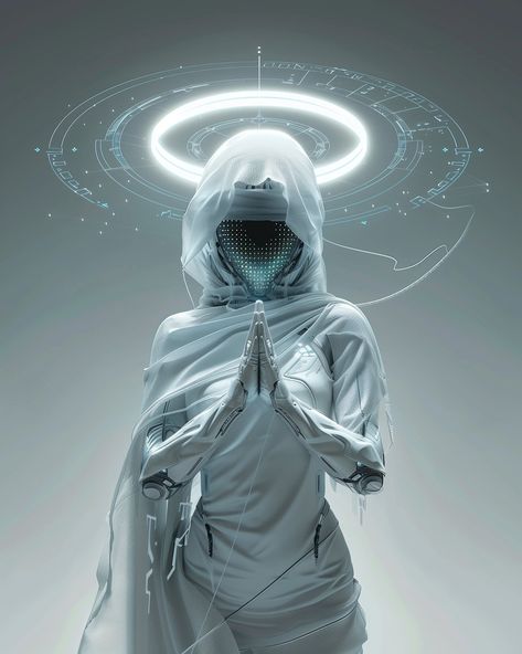 White Cyberpunk Aesthetic, Futuristic Samurai, Sci Fi Aesthetic, Modern Graphic Art, Cathedral Architecture, Alien Art, A Robot, Science Fiction Art, Ghost In The Shell