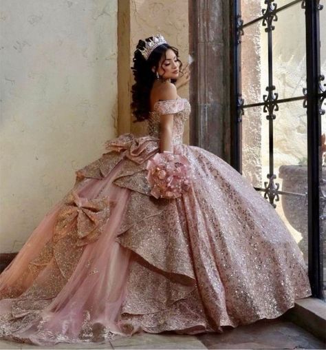 Rose Gold Ball Gown, Light Pink Quinceanera Dresses, Rose Gold Quinceanera Dresses, Gold Ball Gown, Rose Gold Quinceanera, Rose Gold Prom Dress, Quinceanera Dresses Gold, Quinceanera Pink, Quinceanera Themes Dresses