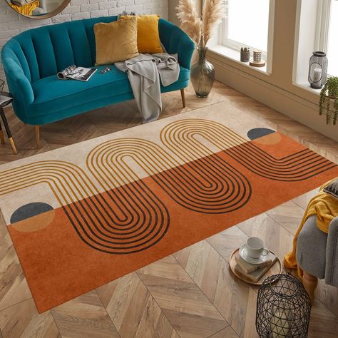 Warm Color Rugs, Mid Century Modern Area Rug, Mid Century Rugs, Modern Colorful Rugs, Mid Century Carpet, Retro Carpet, Mid Century Modern Rug, Area Rug Kitchen, Condo Living Room