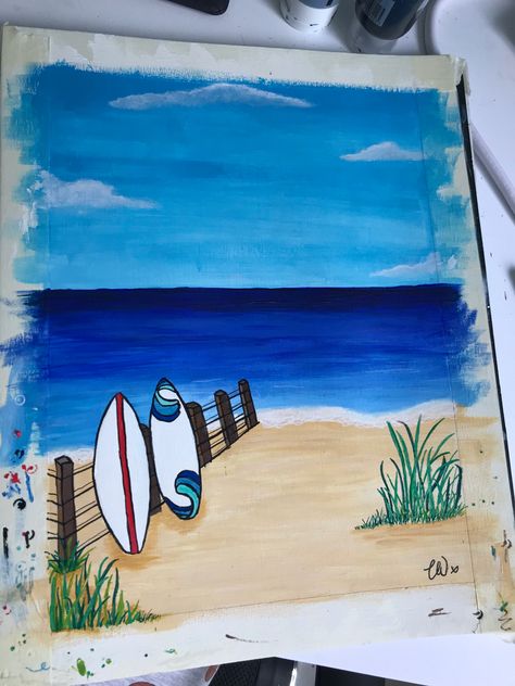 Painting Ideas Summer Vibes, Surfboard Painting On Canvas Easy, Summer Painting Ideas On Canvas, Surfboard Painting On Canvas, Easy Surf Painting Ideas, Summer Paintings, Cute Summer Paintings, Surfboard Acrylic Painting, Beachy Pictures