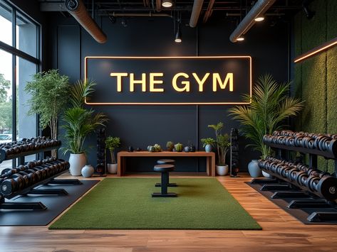 Small Commercial Gym Design, Public Gym Design, Dark Gym Wallpaper, Commercial Gym Design Interiors, Studio Gym Design, Boutique Gym Design Fitness Studio, Green Gym Aesthetic, Gym Ideas Design Commercial, Crossfit Gym Design Ideas