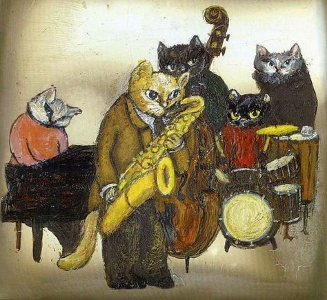 Cats Playing Instruments, Jazz Cat, Cats Playing, Wow Art, Funky Art, Pretty Art, Osaka, Aesthetic Art, Cat Art