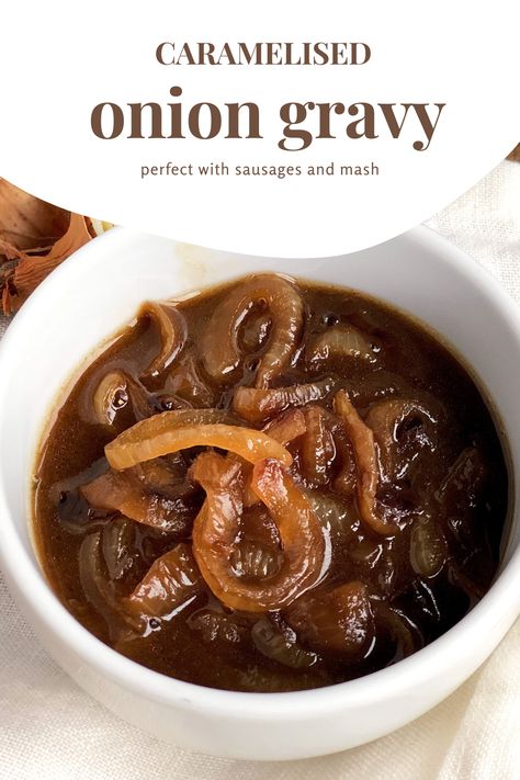 This caramelised onion gravy has a lovely syrup-like consistency with a balanced taste of sweet sugar and tangy vinegar. It's a hit with sausages and goes exceptionally well with other meats as well as roasted vegetables. Red Onion Gravy, Caramalised Onions, Caramalized Onions, Sausage And Mash, Balsamic Onions, Kitchen Colours, Caramelised Onion, Carmelized Onions, Onion Sauce