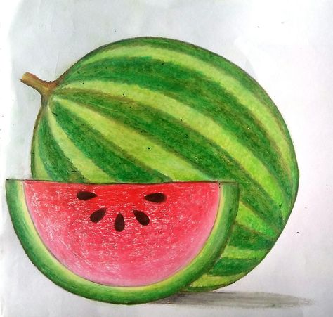 pastel colour watermelon Watermelon Oil Pastel, Colourful Easy Drawings, Pencil Colour Art Drawings Easy, Fruit Art For Kids, Watermelon Drawing For Kids, Fruits Drawing For Kids, Colour Drawing Easy, Oil Pastel Drawing For Kids, Cute Watermelon Drawing