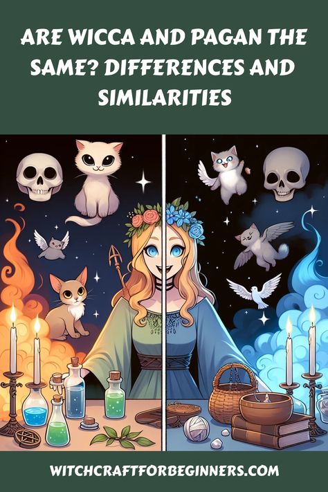 Are Wicca and Pagan the same? Differences and similarities. Illustration with candles, potions, skulls, and a person in the center. Learning Paganism, Types Of Paganism, Wicca Vs Pagan, What Is Paganism, Practicing Paganism, Wiccan Beliefs, Wiccan Rede, Solstice And Equinox, Daily Astrology