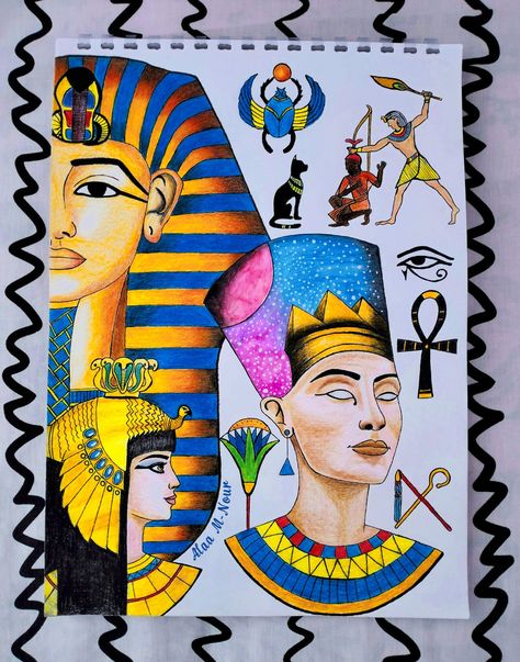 Paintings From Ancient Egypt, Ancient Egyptian Art Design, Queen Nefertiti Drawing, Egypt Art Drawing, Ancient Egypt Art For Kids, Ancient Egypt Drawing, Ancient Egyptian Drawing, Ancient Egypt Painting, Nefertiti Drawing