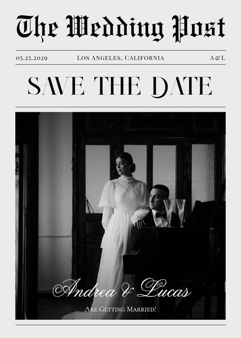 Classic Vintage Wedding Invitation, Save The Date Inspo Digital, Wedding Newspaper Ideas Unique, Save The Date Ideas Newspaper, Save The Date Newspaper Invitations, Unique Save The Date Ideas For Weddings, Digital Save The Date Ideas, Save The Date Newspaper, Newspaper Invitation