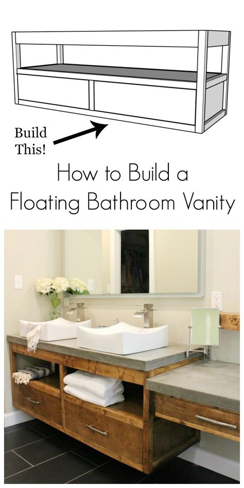 Build your own DIY floating bathroom vanity with these free plans!  Simple modern design makes a great statement piece in a bathroom remodel.  Built from common construction lumber and easy joinery, this is an easy DIY project to tackle. Diy Vanity Bathroom How To Build, Custom Bathroom Vanity Plans, Diy Bathroom Vanity Cabinet, Diy Floating Vanity, Bathroom Vanity Plans, Floating Sink Vanity, Diy Bathroom Vanity Plans, Diy Bathroom Sink, Floating Vanity Bathroom