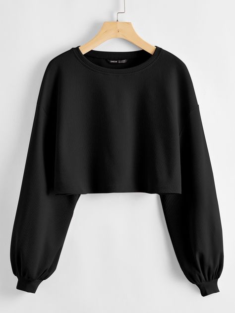 Solid Drop Shoulder Crop Top | SHEIN USA Crop Top Outfits, Cropped Tops, Women T Shirts, Girls Fashion Clothes, Teen Fashion Outfits, Black Crop Tops, Cropped Sweater, Plus Clothing, Drop Shoulder