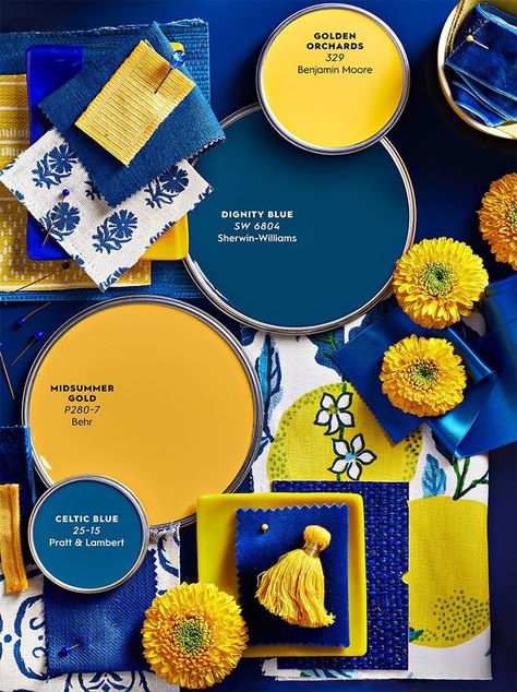 How 2 Interior Design and Color Experts Use Sunny Yellows and Cool Blues to Brighten Up a Room Paint Inspo, Yellow Colour Scheme, Color Palette Yellow, Paint Color Schemes, Yellow Interior, Blue Palette, Sun Shining, Country French, Blue Color Schemes