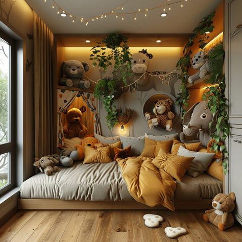 25 Bedroom Refresh Ideas for Boys#KidsBedroomIdeas #KidsRoomDecor #BoysRoomIdeas #GirlsRoomIdeas #ThemedKidsRooms #NurseryDesign #PlayroomIdeas Room With Stuffed Animals, Toddler Safari Bedroom, Boys Animal Bedroom, Safari Bedroom Ideas, Jungle Toddler Room, Animal Bedroom Kids, Zoo Bedroom, Jungle Bedroom Ideas, Bedding Jungle