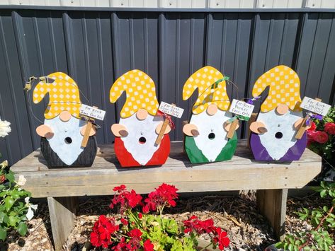 Gnome birdhouses Wooden Garden Gnomes Diy, Picket Fence Gnomes, Gnome Birdhouse, Gnome Sweet Gnome Porch Sign, Heart Shaped Birdhouse, Gnome Figurines, Bird Watcher, Scroll Saw Patterns, Gnomes Crafts