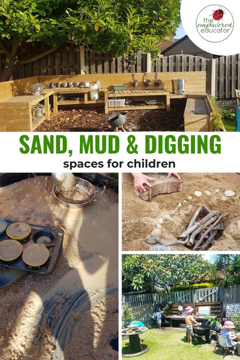 Add interest to the children's outdoor play areas with this inspiring educator compilation of simple mud kitchen and digging play spaces for children by The Empowered Educator. #mudkitchen #messyplay #outdoorplay #mudplay #sandpit #sandplay #daycareactivities Daycare Spaces, Outdoor Learning Spaces, Play Area Backyard, Outdoor Play Spaces, Play Garden, Kind Photo, Outdoor Play Areas, Kids Outdoor Play, Outdoor Education