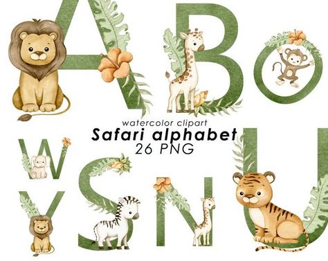 Safari Spirit: Jungle Clipart Animals Illustration Compilation Jungle Letters, Jungle Alphabet, Safari Watercolor, Jungle Clipart, Jungle Animal Art, Watercolor Alphabet, Creative Clips Clipart, Letters Png, Baby Shower Woodland Theme