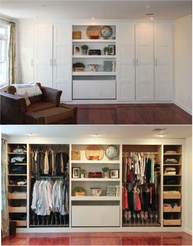 diy built in closet. so well organized! need spot for full length dresses and tv Clothes Bedroom, Storage For, Makeup Bedroom, Bedroom Wardrobe Ideas, Storage Apartment, Smart Bedroom, Cute Bedroom, Diy Wardrobe, Closet Layout