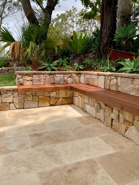 Sandstone Tiles Outdoor, Backyard Travertine Pavers, Sandstone Retaining Wall Pool, Stone Walled Garden, Tiled Retaining Wall, Yard Stone Ideas, Sandstone Wall Garden, Sandstone Retaining Wall Landscaping, Stone Wall Patio