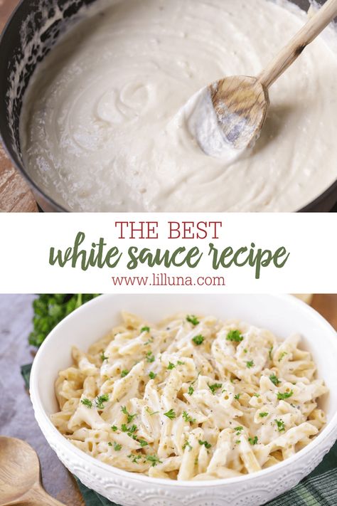 This super simple and delicious white sauce recipe is packed with flavor. This dish is perfect by itself or you can add chicken too! #whitesauce #whitesaucerecipe #pasta #garlicwhitesauce Creamy Garlic Penne Pasta, Chicken Bacon Ranch Bake, Penne Pasta Recipe, White Cream Sauce, Easy White Sauce, White Pasta Sauce Recipe, White Sauce Recipe, Copycat Food, Best Sauce Recipe