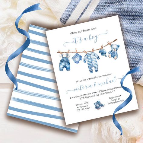 Blue Jean Baby Denim Baby Shower Clothesline Invitation Baby Shower Clothesline, Denim Baby Shower, Baby Shower Teddy Bear, Sailor Baby Showers, Blue Baby Shower Invitations, Bear Invitations, Denim Baby, Nautical Baby Shower, Boy Baby Shower Themes