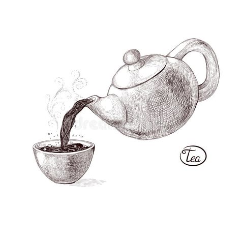 Yea Pot Drawing, Teapot And Cup Drawing, Teapot Pouring Tea Drawing, Tea Pot And Cup Drawing, Tea Sketch Illustration, Pouring Tea Tattoo, Tea Pot Pouring Into Tea Cup, Tea Pouring Drawing, Tea Pot Art Drawing