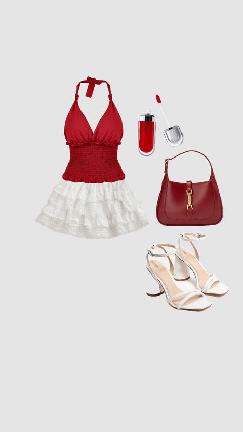 red outfit Red And White Aesthetic Outfit, Snow White Outfit Ideas, Cyprus Outfits, San Francisco Summer Outfit, Summer Christmas Outfit, Red Outfit Summer, Red Summer Outfits, Upscale Clothes, Red White Outfit