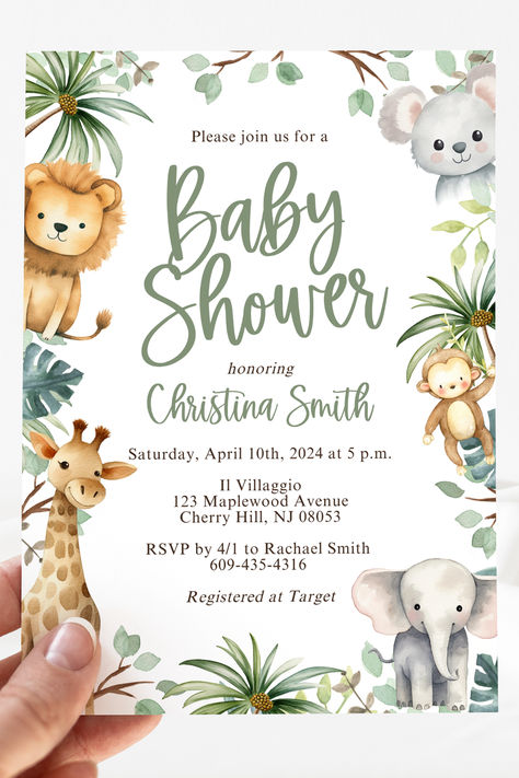 Safari Baby Shower Invitation Template includes lush greenery and jungle animals such as a lion, giraffe, monkey and an elephant Jungle Invitations Template, Safari Theme Baby Shower Invitations, Wild Animals Baby Shower Theme, Jungle Theme Baby Shower Invitations, Safari Baby Shower Gender Neutral, Baby Shower Themes Safari, Safari Baby Shower Boy Invitations, Welcome To The Jungle Baby Shower Theme, Boy Baby Shower Themes Ideas