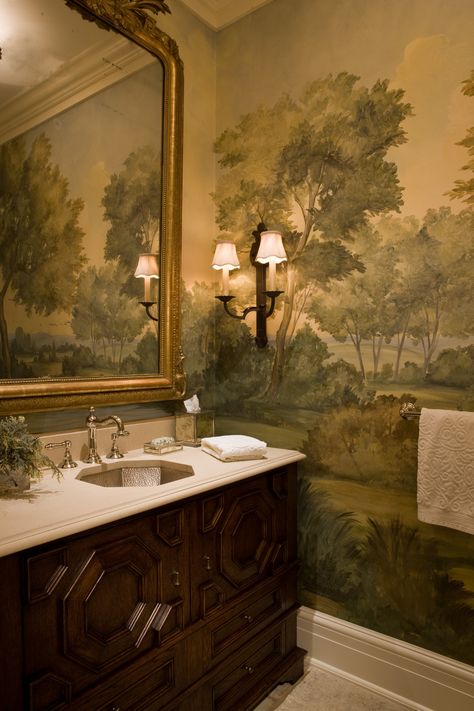 Scenic Mural Wallpaper in Powder Room for SLC Interiors. Inspired by the English countryside, these hand-painted murals are printed on archival-quality canvas, customized and printed for our clients, so each mural is unique and looks hand-painted just for them. Slc Interiors, Bathroom Wallpaper, Dream House Interior, Traditional Bathroom, Home Interiors, Dream House Decor, Beautiful Bathrooms, Dream Home Design, Bathroom Inspiration