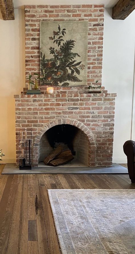 Mortar Stone Fireplace, Cottage Corner Fireplace, Craftsman Brick Fireplace, Brick Fireplace With Mantle, Indoor Fireplace Ideas, Brick Fireplace Mantle, Brick Fireplace Hearth, Wood Stoves Ideas, Red Brick Fireplace