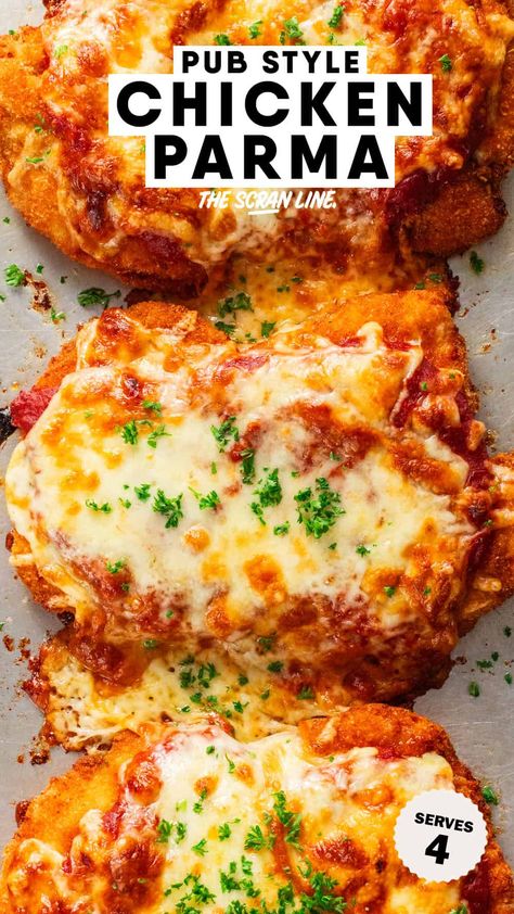 Crispy Chicken Parmigiana (Pub Style) Baked Paprika Parmesan Chicken, Classic Chicken Parmesan Recipe, Chicken Parm Breading, Healthy Chicken Parmigiana, Chicken Parmesan Recipes Baked, Best Parmesan Chicken Recipe, Chicken Thigh Chicken Parm, Crispy Chicken Parm, Simple Chicken Parm