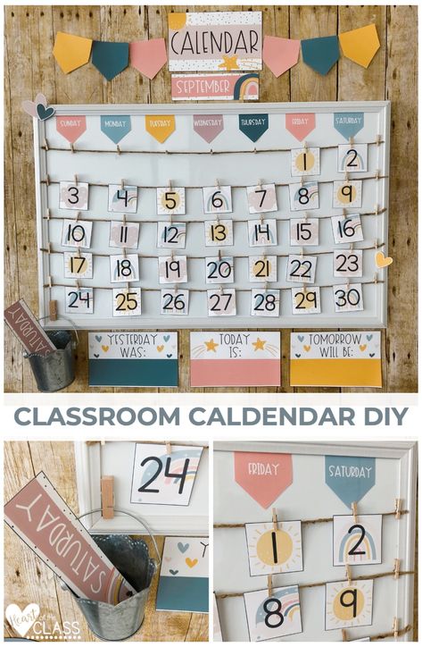 A simple DIY to create a classroom calendar using a dry erase board. This calendar is set up using pieces from the Boho Rainbow Classroom Decor bundle. Diy Kindergarten Calendar, Calendar Set Up Kindergarten, Classroom Decoration Kindergarten, Diy Crafts For Classroom Decor, Diy Calendar For Classroom, Rainbow Calendar Classroom, Diy Homeschool Calendar Board, Diy Classroom Calendar Ideas, Elementary Classroom Calendar