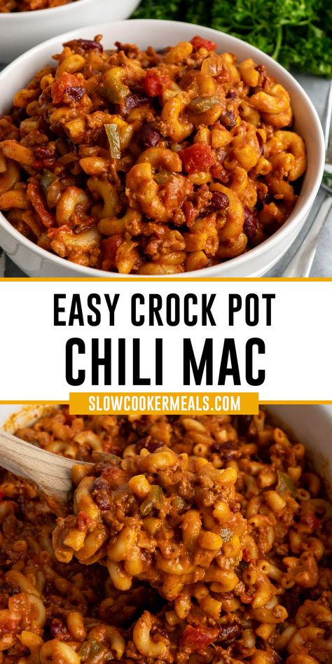 Crock Pot chili mac in a bowl and on a wooden spoon Crock Pot Chili Mac, Chilli Recipe Crockpot, Chili Mac Crockpot, Chili Mac Recipe Easy, Slow Cooker Chili Mac, Ground Beef Crockpot Recipes, Crock Pot Chili, Ground Beef Pasta Recipes, Chili Mac Recipe