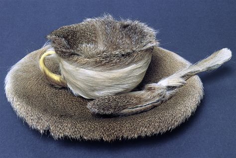 Meret Oppenheim. Object, 1936. Fur-covered cup, saucer, and spoon, cup 4-3/8" in diameter; saucer 9-3/8" in diameter; spoon 8" long, overall height 2-7/8" (The Museum of Modern Art, New York) Dada Art Movement, Meret Oppenheim, Istoria Artei, Dada Art, Marcel Duchamp, Contemporary Textiles, Found Object Art, Edvard Munch, Henri Rousseau