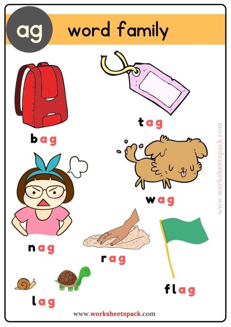 Free Ag Family Words with Pictures - Printable and Online Worksheets Pack Ag Family Words, Ag Word Family, Word Family List, Family Words, Family Worksheets, Teach Phonics, Phonics Reading Passages, Cvc Worksheets, Word Family Activities