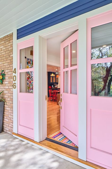 14 of the Prettiest Porch Paint Colors, Handpicked by Designers Pink Exterior Paint Colors For House, Behr Pink Paint, Pink Exterior Paint, Colorful Home Exterior, Pink Brick House, Porch Paint Colors, Pink House Exterior, House Fever, Craftsman Style Exterior