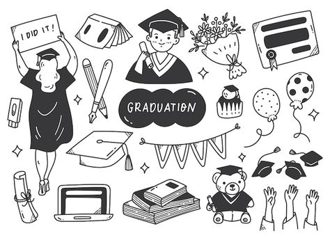 Set of graduation doodle line art vector illustration College Doodles, Graduation Sketches, Student Doodle, Celebration Graduation, Grad Illustration, University Drawing Illustrations, Graphic Design Graduation, Graduate Drawing, University Doodle