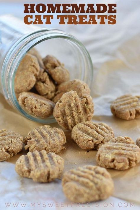 Homemade cat treats are the purrr-fect way to show your feline friends some extra love. Made with only four ingredients, these chewy cat treats are simple to make. These treats will quickly become your favorite go-to for a wholesome recipe with no additives. Your cat will agree—these tuna treats are delicious! #homemadecattreats #mysweetprecision Cat Recipes Treat, Simple Cat Toys To Make, Cat Treat Recipes Easy, Cat Friendly Treats, Vegan Cat Treats, Dog And Cat Homemade Treats, Diy Lickable Cat Treat, Soft Cat Treats Homemade, Baked Cat Treats