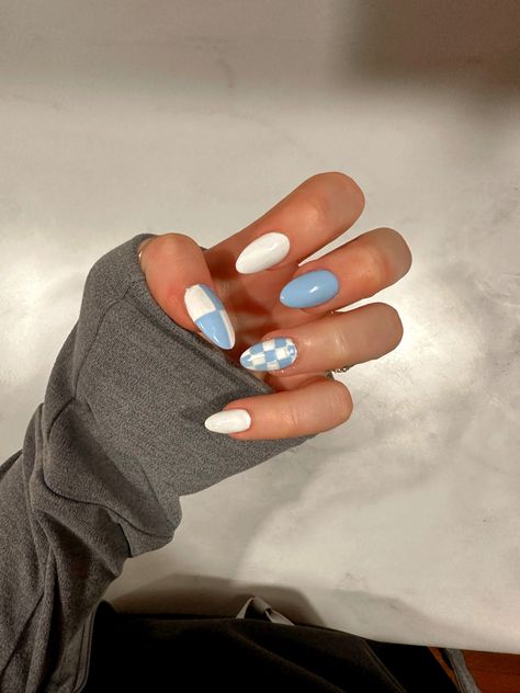 Checkerboard pattern gel x nail inspiration Fall Nails Ideas Autumn Checkered, Almond Nails Designs Checkered, Baby Blue Checkered Nails, Light Blue Checkered Nails, Sage Green Checkered Nails, Nail Art Checkerboard, Checkerboard Nails Tutorial, Checkered Nails Blue, Nails With Checkers