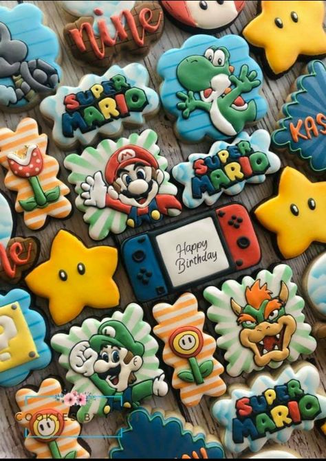 Super Smash Bros Cookies, Mario Cart Cookies, Mario Kart Cookies Decorated, Mario Party Cookies, Super Mario Cookie Cake, Mario Birthday Party Cookies, Mario Brothers Cookies Decorated, Super Mario Sugar Cookies, Bowser Cookies