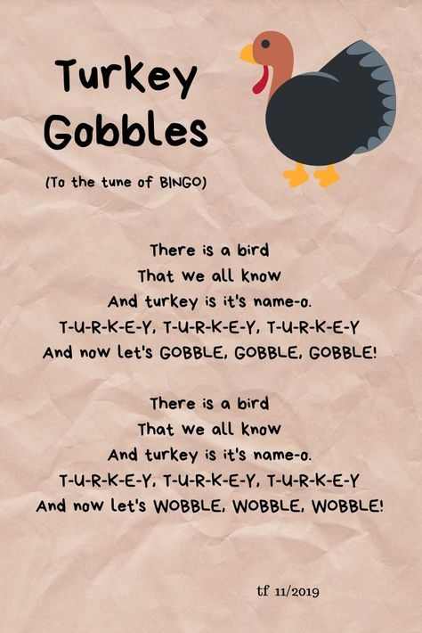 Turkey Song to the tune of BINGO - easy turkey song for story time Fine Motor Thanksgiving Activities For Preschoolers, Turkey Rhymes Preschool, November Toddler Lesson Plans, November Preschool Songs, Infant Thanksgiving Activities, Prek November Themes, November Activities For Infants, November Themes Preschool, Preschool Friendsgiving