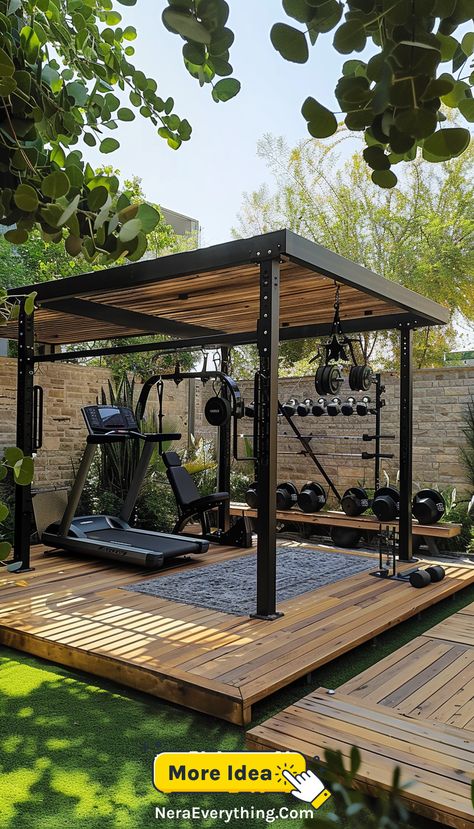 An outdoor home gym with natural surroundings, featuring a variety of fitness equipment and a covered area for all-weather workouts. Outdoor Yoga Space Design, Outdoor Home Gym Ideas, Home Gym Asthetics, Gym Setup At Home, Outdoor Yoga Area, Outdoor Mancave Ideas, Shed Workout Room, Small At Home Gym Ideas, Outside Gym Ideas Backyards